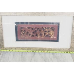 Antique Chinese Gilt Red Lacquer Wood Carving Panel Hand Carved Scene Ornate Art